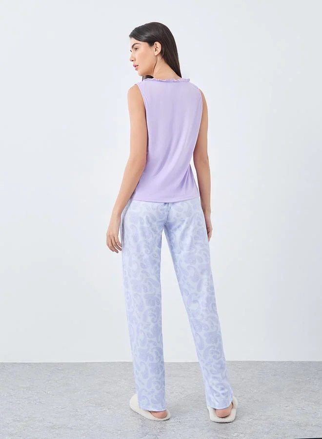 Styli Styli Ruffle Neck Placket Detail Tank and Paisley Print Pyjama Set