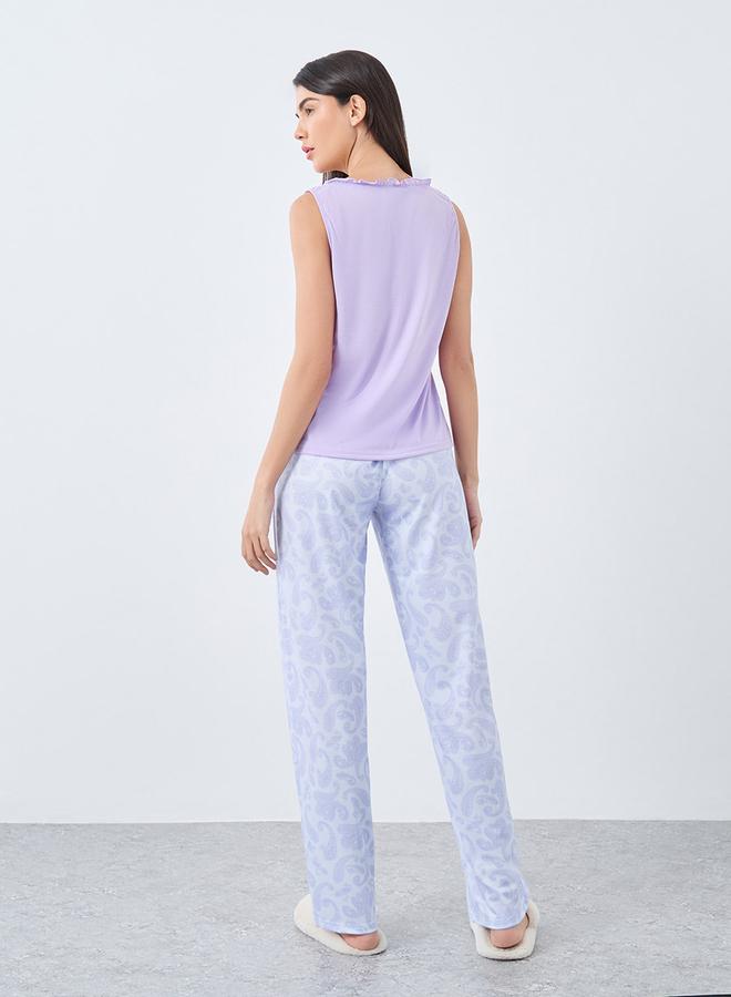 Styli Ruffle Neck Placket Detail Tank and Paisley Print Pyjama Set - Image 4