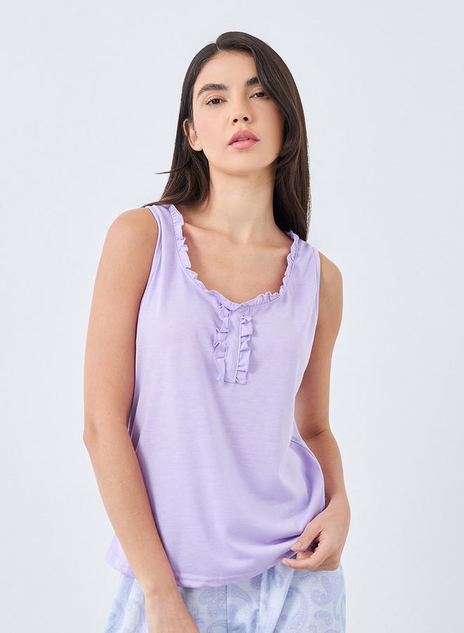 Styli Ruffle Neck Placket Detail Tank and Paisley Print Pyjama Set - Image 2