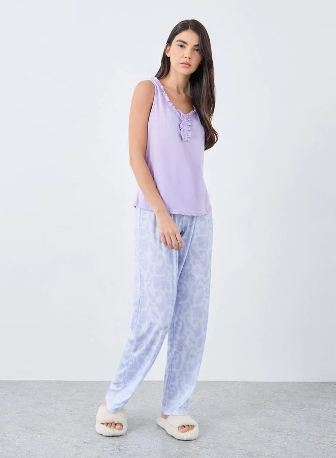 ستايلي Styli Ruffle Neck Placket Detail Tank and Paisley Print Pyjama Set