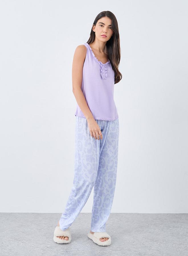 Styli Ruffle Neck Placket Detail Tank and Paisley Print Pyjama Set - Image 1