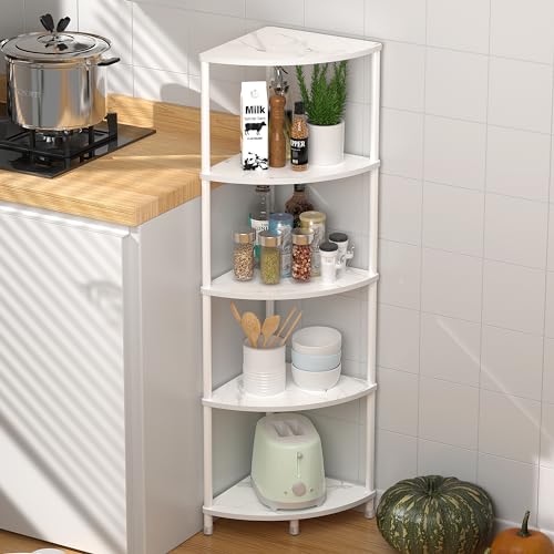 Greatseas 5 Tier Corner Shelf Stand, 44.1" Kitchen Shelf Organizer with Metal Frame, Small Corner Shelf for Bathroom Organization & Storage, Marble White Corner Shelf for Kitchen Decor Accessories - Image 1