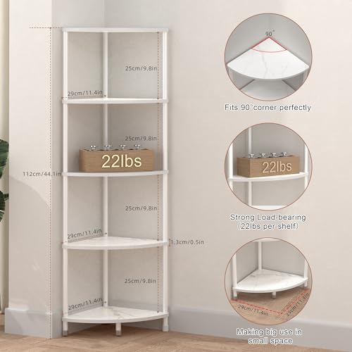 Greatseas 5 Tier Corner Shelf Stand, 44.1" Kitchen Shelf Organizer with Metal Frame, Small Corner Shelf for Bathroom Organization & Storage, Marble White Corner Shelf for Kitchen Decor Accessories - Image 2