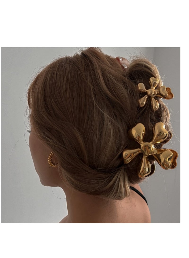 2 PCS Floral Print Pattern Hair Claw Hair Clip Gold Color For Women Girl Alloy Flower Claw Hair Clip - Image 1