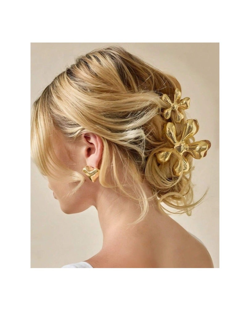 2 PCS Floral Print Pattern Hair Claw Hair Clip Gold Color For Women Girl Alloy Flower Claw Hair Clip - Image 2
