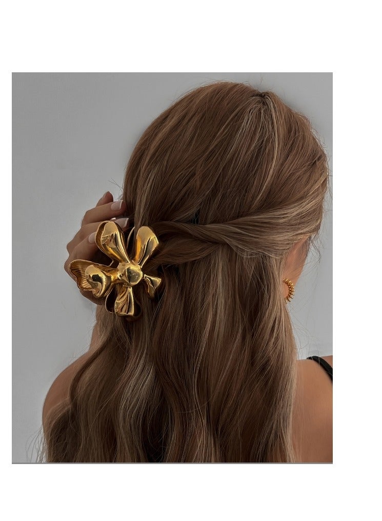 2 PCS Floral Print Pattern Hair Claw Hair Clip Gold Color For Women Girl Alloy Flower Claw Hair Clip - Image 3