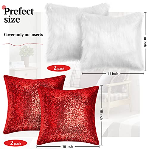 Irenare 4 Pcs Sequin and Fluffy Pillow Covers Winter Throw Pillow Cases Soft Cushion Cover for Couch Bed Sofa Xmas Day18 x 18 InchRed White - Image 3
