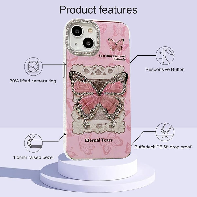 Mobistyle Thermoplastic Polyurethane Designed For iPhone 14 Cover|Glitter Diamand Butterfly Design Phone Back Cover Case For Teen Girl Women (Wind Blue) - Image 4