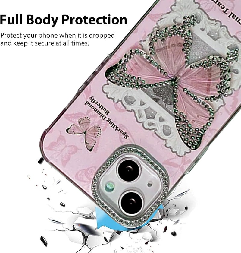 Mobistyle Thermoplastic Polyurethane Designed For iPhone 14 Cover|Glitter Diamand Butterfly Design Phone Back Cover Case For Teen Girl Women (Wind Blue) - Image 2