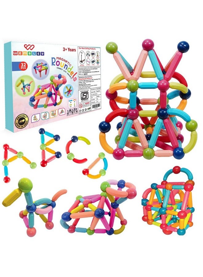 Wembley Magnetic Roundels Stick Building for Kids Toys for Girls Magnetic Toys for Boys Age 3+ Years 4 5 6 7 8 10 12 14 Old - STEM Learning Creative Brain Development Toys with Magnet Balls - 32 Pcs - Image 1
