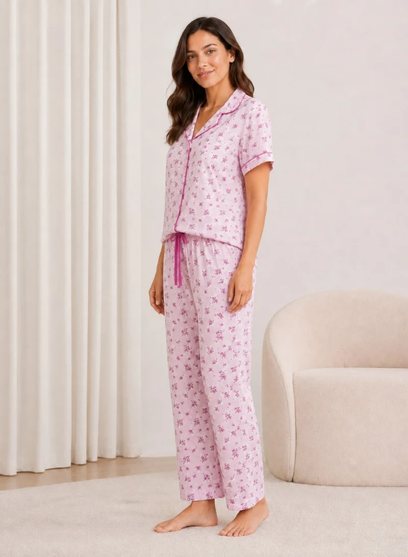 Victor And Jane  Women's Printed Pyjama Set with Contrast Piping for Women | Best Price UAE