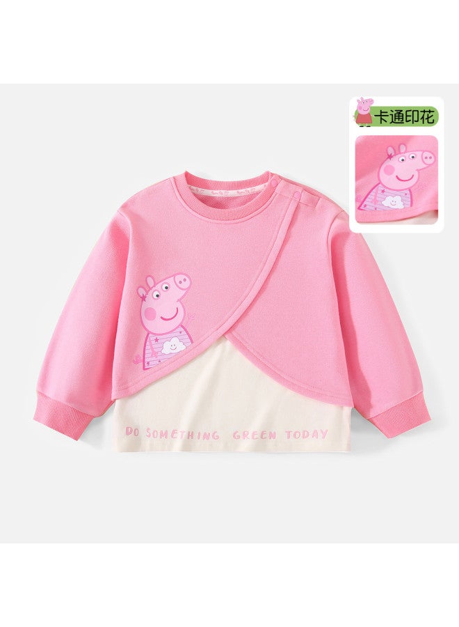 Peppa Pig spring Girls' Cotton Breathable Two-tone Long-sleeve Hoodie Cute Cartoon Baby Hooded Sweatshirt - Image 2