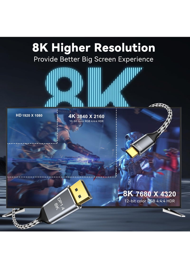 KASTWAVE 8K USB C to DisplayPort 1.4 Cable, Laptop HD Video Cable, Type C to DisplayPort Cable (8K@60Hz, 4K@165Hz/144Hz/120Hz), 32.4Gbps USB-C to DP Cable, Compatible for MacBook, iPad, XPS, Braided Cord, 10Ft - Image 2