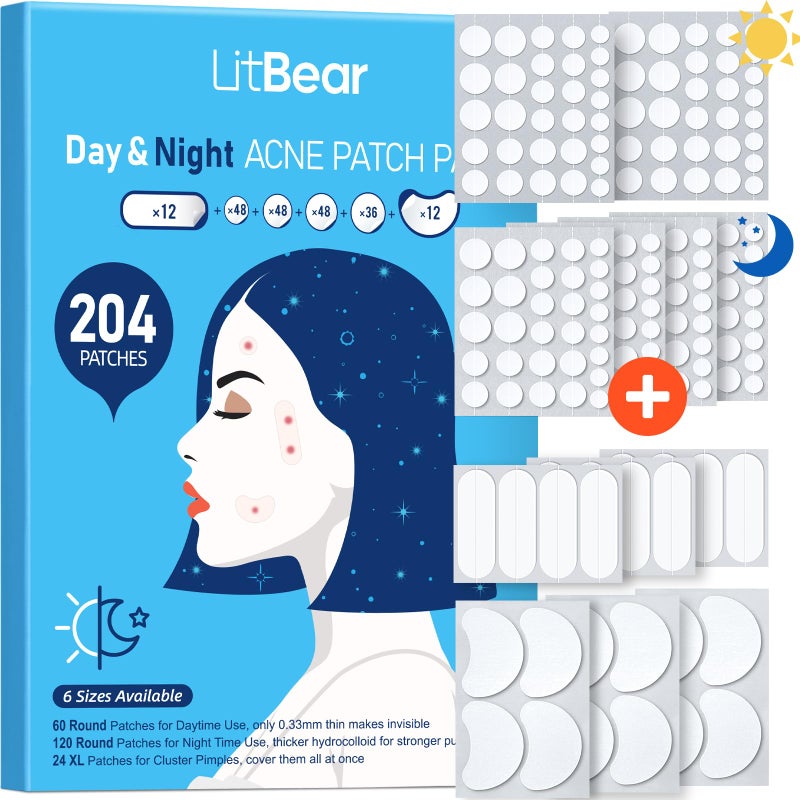 LitBear Acne Pimple Patches- Day and Night 6 Sizes 204 Dots Thin & Thick Hydrocolloid Patches with Witch Hazel, Tea Tree & Calendula Oil, Extra Adhesion for Face Zit Patch Dots - Image 1