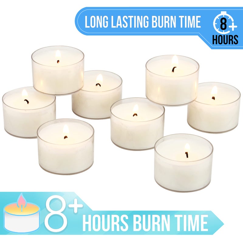 Stonebriar 48 Count White Unscented Smokeless Long Burning Clear Cup Tea Light Candles with 8 Hour Burn Time - Image 4