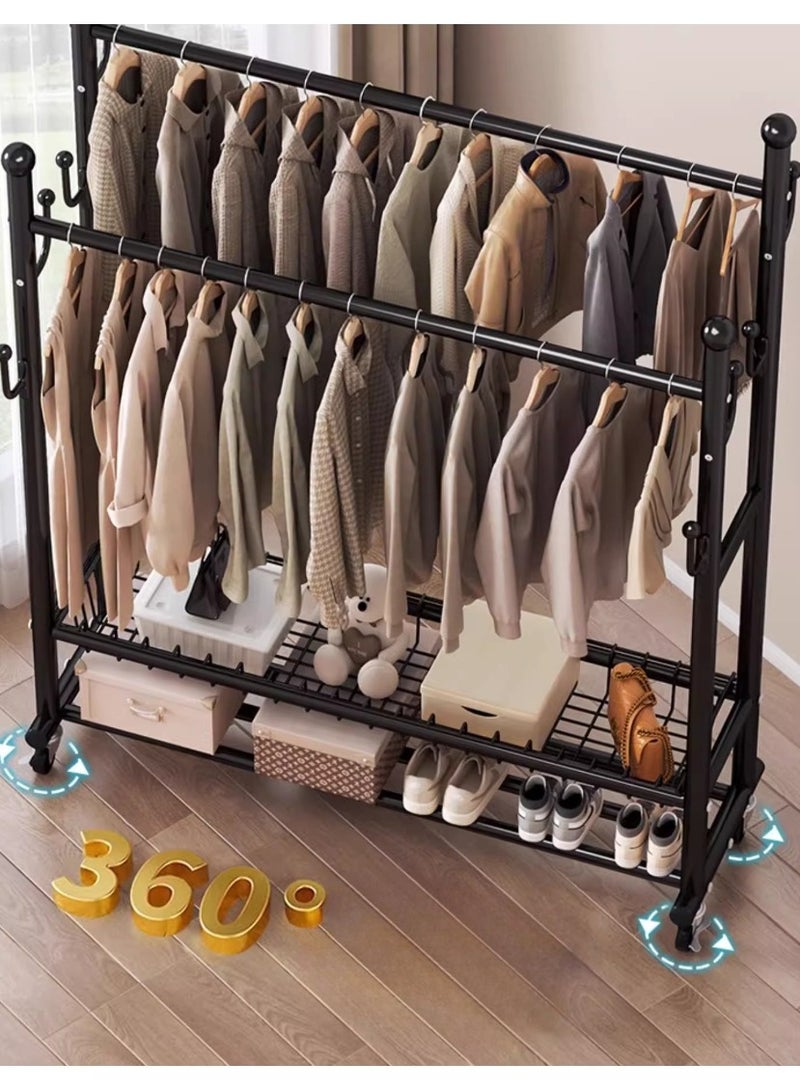 AIWANTO 150CM Double Rod Metal Clothes Rack with 2-Tier Bottom Storage Shelves & 8 Hooks – Heavy-Duty Organizer for Shoes, Handbags & Clothing (Black, 170×150×38cm) - Image 3