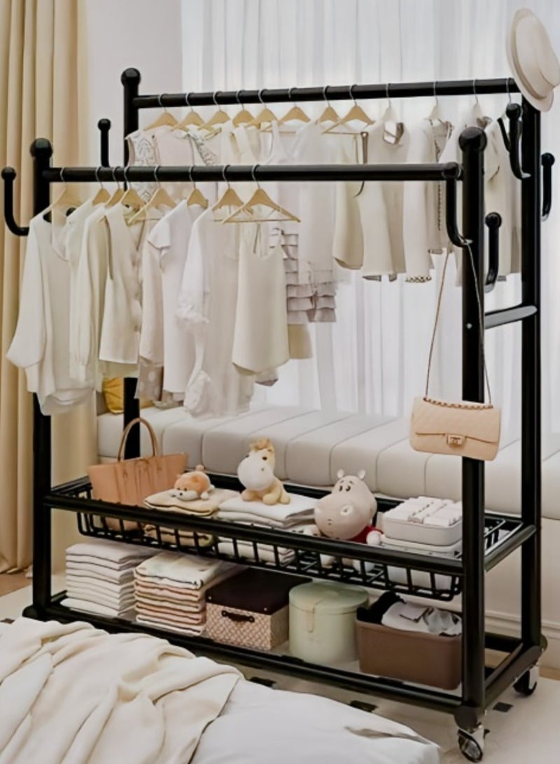 AIWANTO 150CM Double Rod Metal Clothes Rack with 2-Tier Bottom Storage Shelves & 8 Hooks – Heavy-Duty Organizer for Shoes, Handbags & Clothing (Black, 170×150×38cm) - Image 2