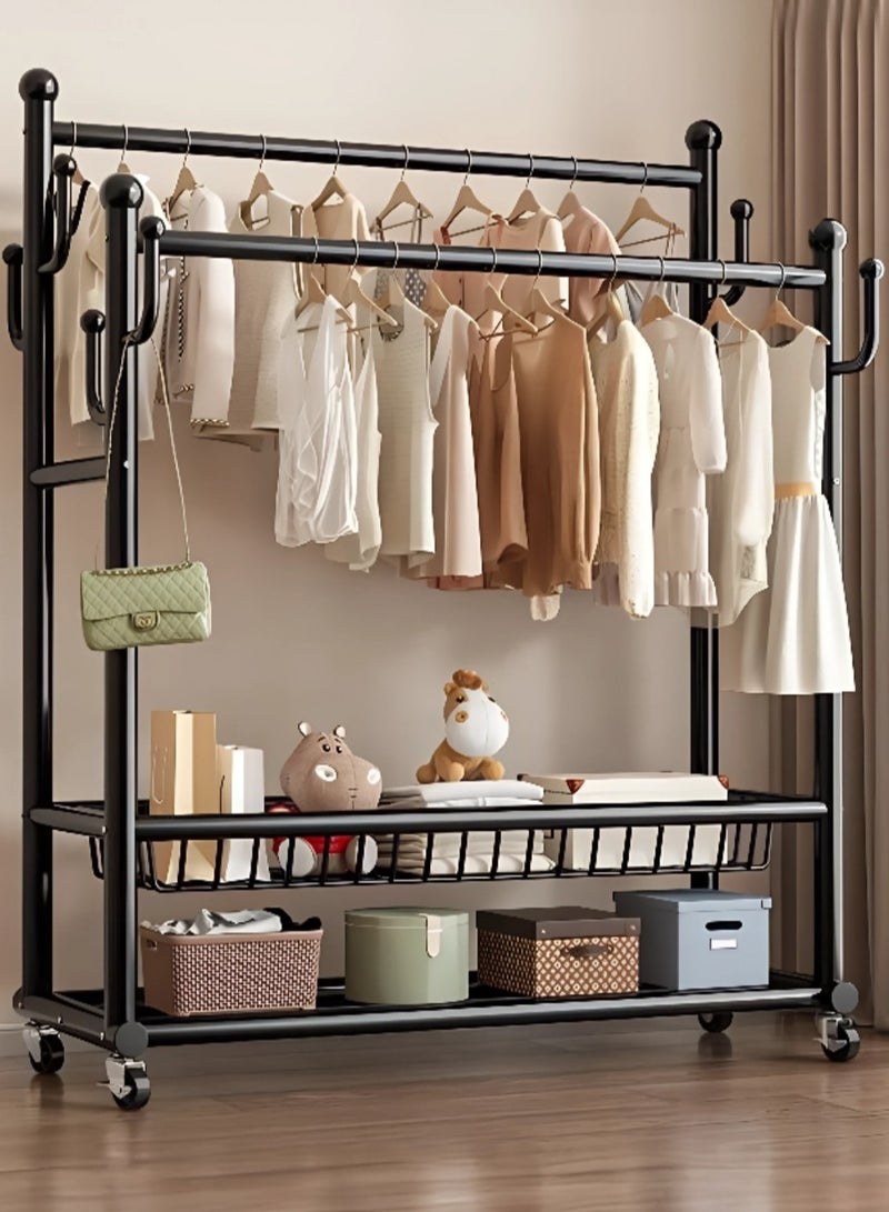 AIWANTO 150CM Double Rod Metal Clothes Rack with 2-Tier Bottom Storage Shelves & 8 Hooks – Heavy-Duty Organizer for Shoes, Handbags & Clothing (Black, 170×150×38cm) - Image 1