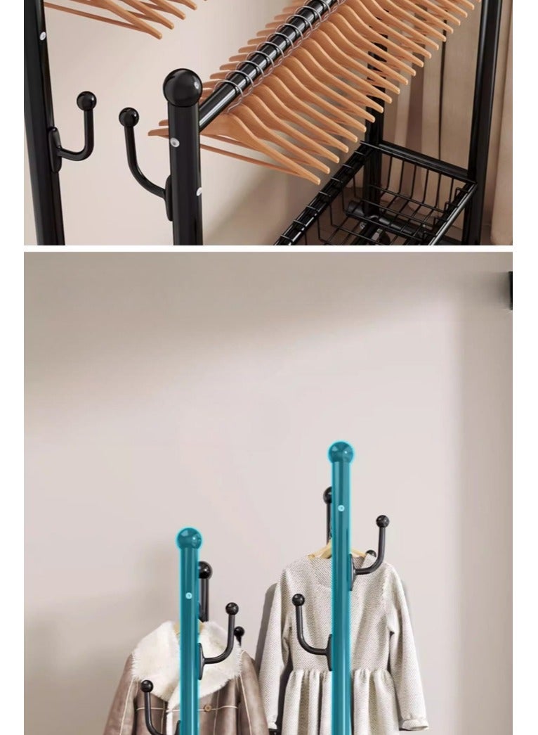 AIWANTO 150CM Double Rod Metal Clothes Rack with 2-Tier Bottom Storage Shelves & 8 Hooks – Heavy-Duty Organizer for Shoes, Handbags & Clothing (Black, 170×150×38cm) - Image 5