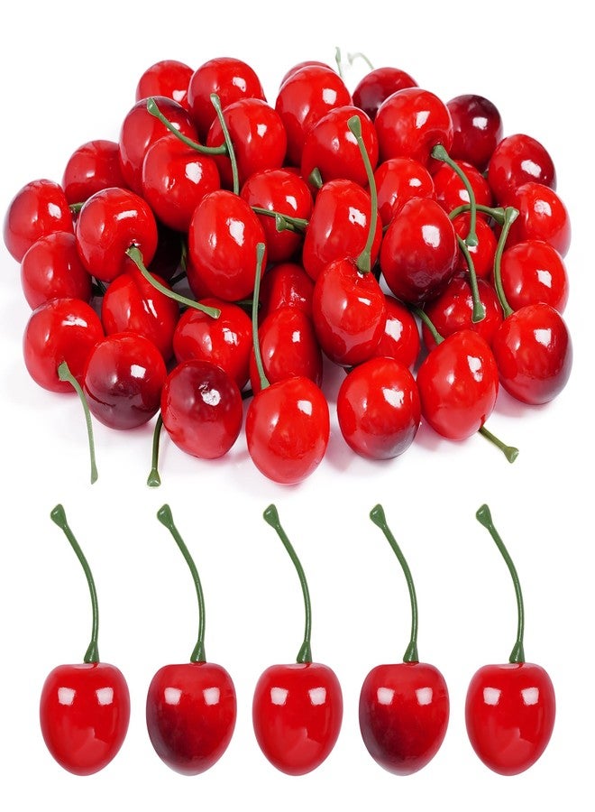 jiebor 60Pcs Fake Cherries Artificial Plastic Faux Fruit Ornament for Birthday Party Decoration Photography Props Kitchen Home Market Display - Image 1