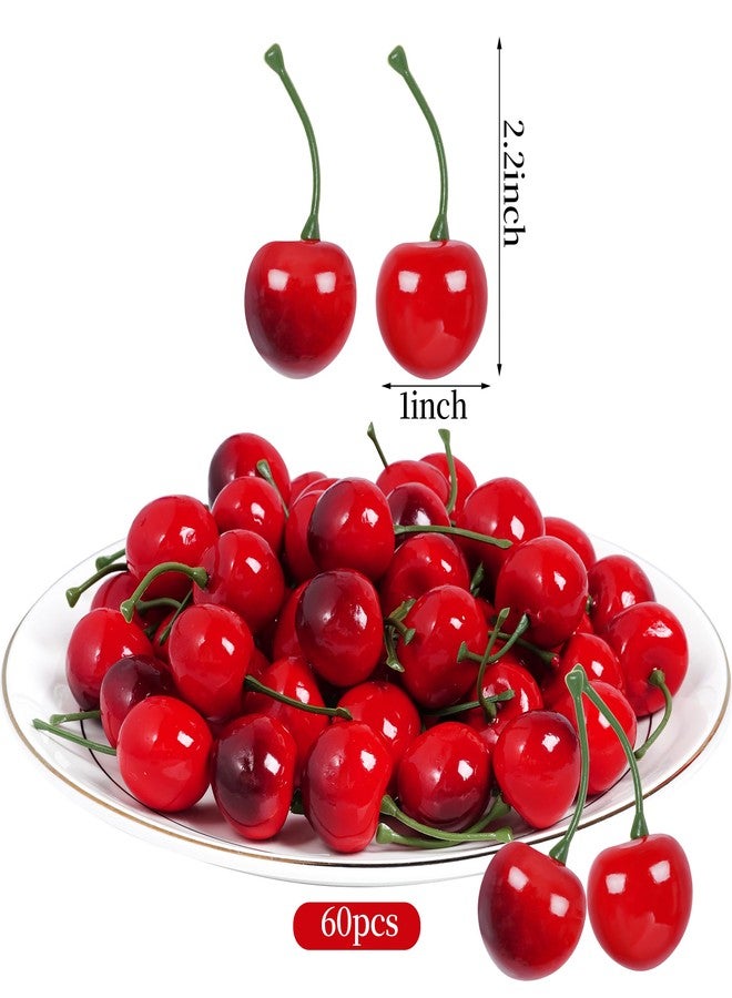 jiebor 60Pcs Fake Cherries Artificial Plastic Faux Fruit Ornament for Birthday Party Decoration Photography Props Kitchen Home Market Display - Image 2