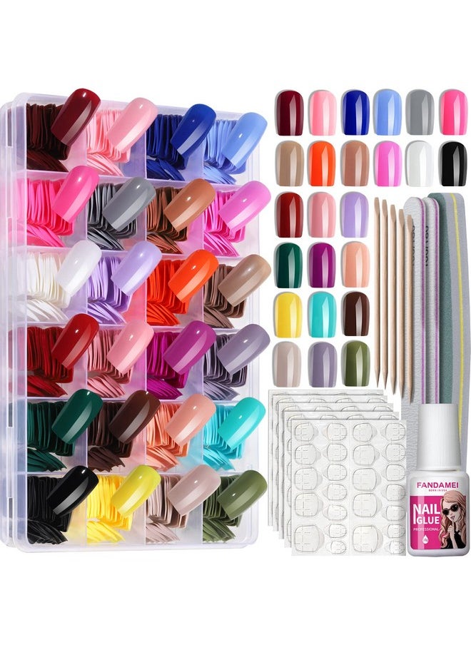 FANDAMEI 24 Colors Press On Nails Square, 24 Packs 576Pcs Press On Nails Medium Square Glossy, Lightweight Natural Fake Nails Full Cover, False Nails With Glue, Short Square Acrylic Press On Nails 