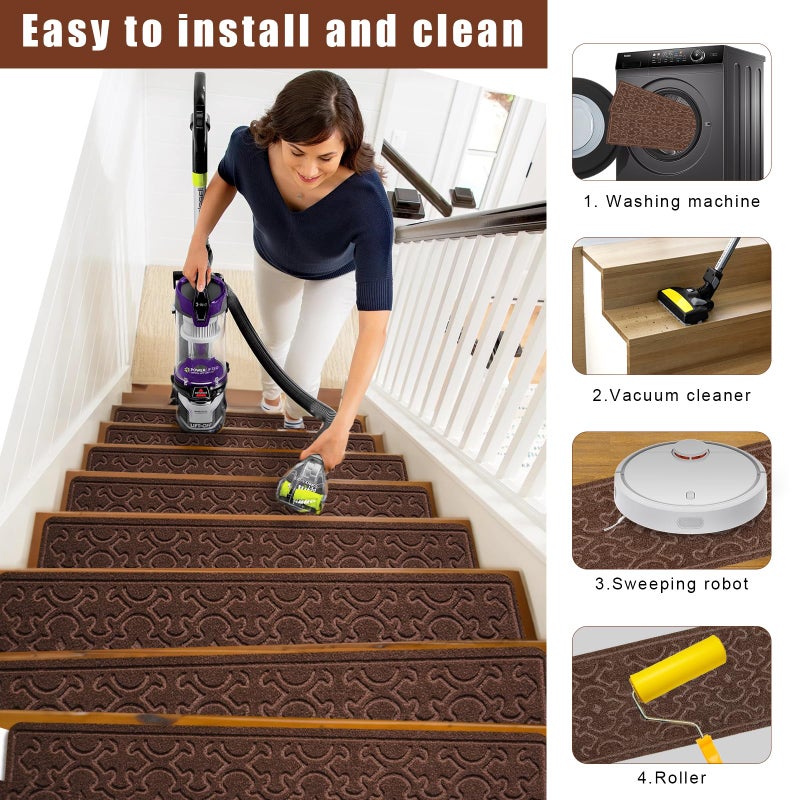 FlowaFoli 15Pcs Stair Treads for Wooden Steps Indoor with Self Adhesive, 8"x30" Non Slip Stair Runners-Peel & Stick Indoor Stair Carpet Runner, Resistant Indoor Runner for Kidsã€Elders and Pets, Brown - Image 4