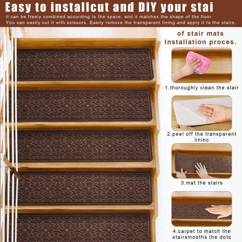 FlowaFoli 15Pcs Stair Treads for Wooden Steps Indoor with Self Adhesive, 8"x30" Non Slip Stair Runners-Peel & Stick Indoor Stair Carpet Runner, Resistant Indoor Runner for Kidsã€Elders and Pets, Brown - Image 3