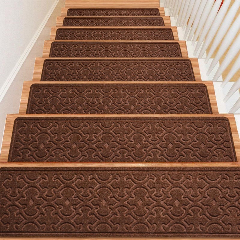 FlowaFoli 15Pcs Stair Treads for Wooden Steps Indoor with Self Adhesive, 8"x30" Non Slip Stair Runners-Peel & Stick Indoor Stair Carpet Runner, Resistant Indoor Runner for Kidsã€Elders and Pets, Brown - Image 1