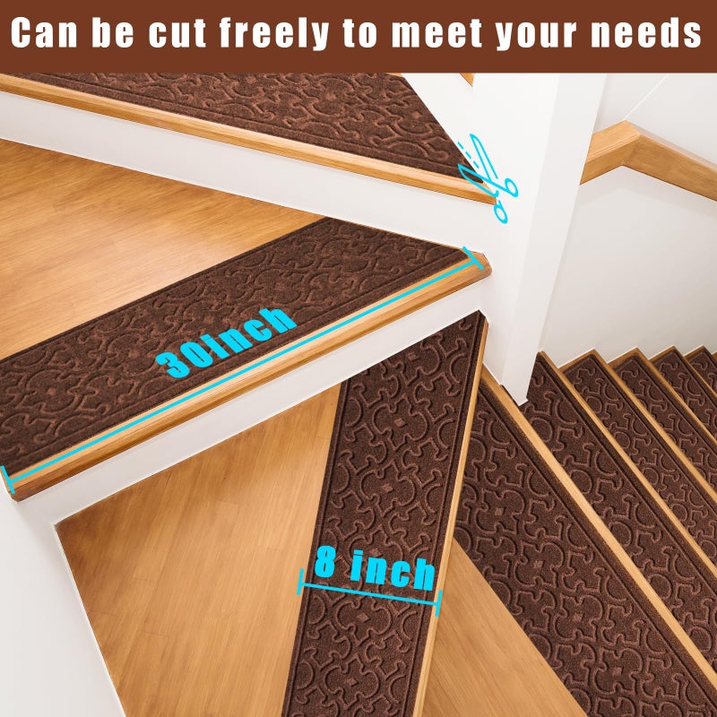 FlowaFoli 15Pcs Stair Treads for Wooden Steps Indoor with Self Adhesive, 8"x30" Non Slip Stair Runners-Peel & Stick Indoor Stair Carpet Runner, Resistant Indoor Runner for Kidsã€Elders and Pets, Brown - Image 5