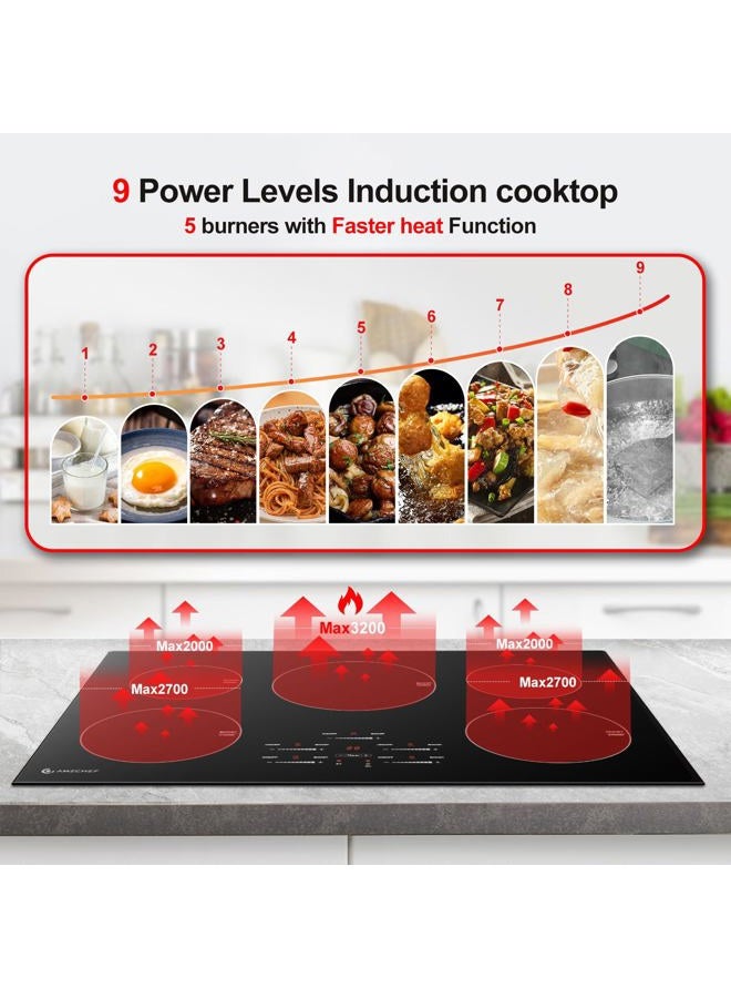 amzchef 30 Inch 10600W Induction Cooktop 9-Tier Electric Cooktop with 5 Burners Boost Built-in Induction Cooktop Control by Sliding Touchscreen, Safe Lock - Image 2