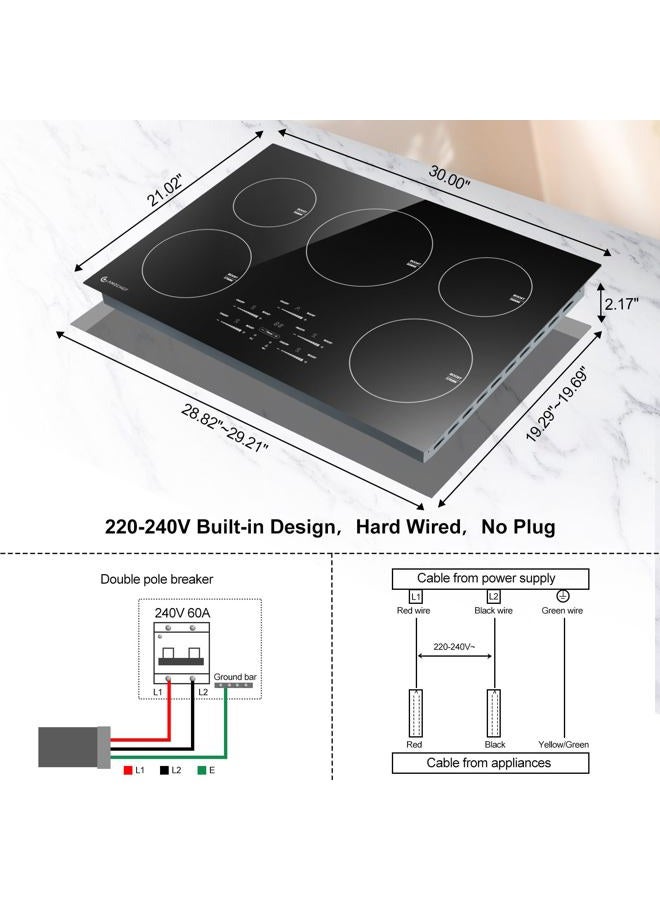 amzchef 30 Inch 10600W Induction Cooktop 9-Tier Electric Cooktop with 5 Burners Boost Built-in Induction Cooktop Control by Sliding Touchscreen, Safe Lock - Image 4