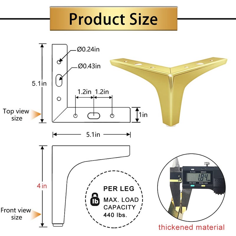 Gosche Gold Furniture Legs 4 Inches  Metal Sofa Legs Set Of 4  Modern Style Replacement Couch Legs For Dresser Chair Bed Cabinet Table Ottoman Cupboard Diy Replacement Feet - Image 4