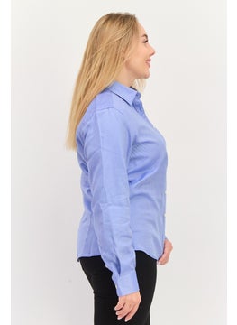 Greg Norman Women Spread Collar Long Sleeve Microstrip Shirt, Blue  - Image 2