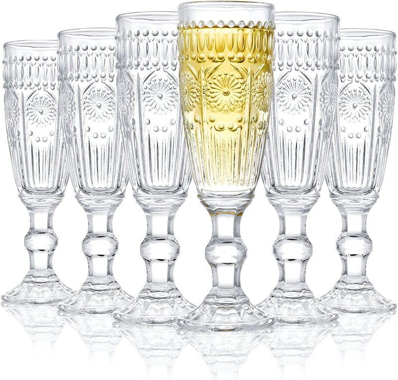 Kingrol 6 Pack 5 Ounces Glass Champagne Flutes Vintage Sparkling Wine Glasses for Champagne Cava Prosecco - Image 1