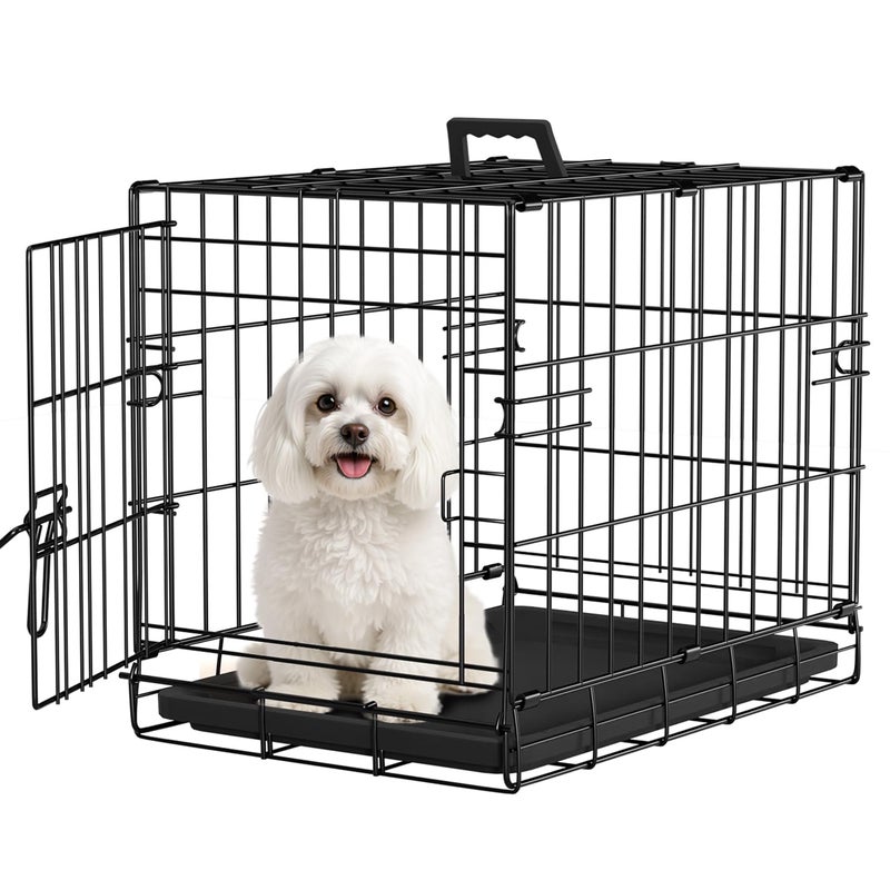 FDW Dog Crate for Small Dogs 18 Inch Folding Metal Wire Pet Cage Single Door W/Divider Panel Indoor Outdoor Kennel Leak-Proof Plastic Tray,Black - Image 1