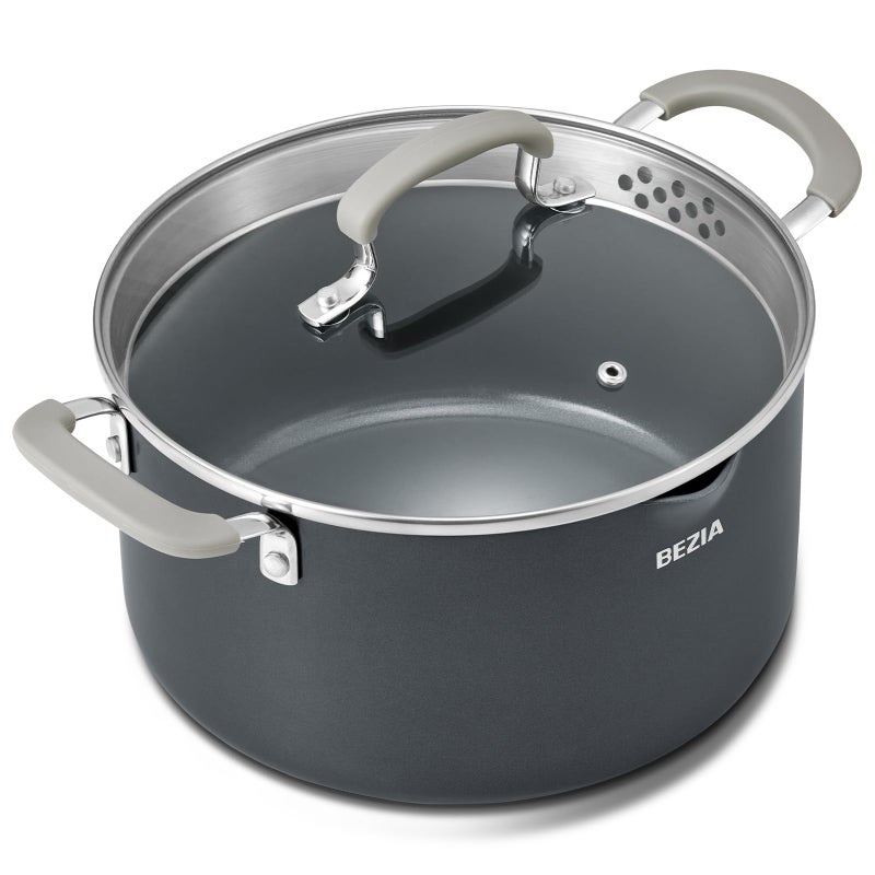 BEZIA 6 Quart Nonstick Stock Pot with Lid, BEZIA PFAS-Free Ceramic Soup Pot, Multipurpose Pasta Pot with Strainer Lid, Induction Cooking Pot, Silicone Handle, Compatible with All Cooktops, Dishwasher Safe - Image 1
