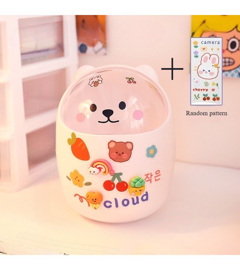 Desk Trash Bin White With Teddy Bear Sticker For Student Office Storage 1pc - Image 4