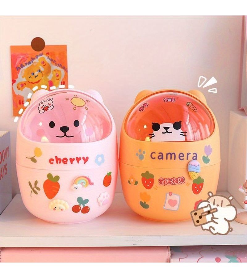 Desk Trash Bin White With Teddy Bear Sticker For Student Office Storage 1pc - Image 3