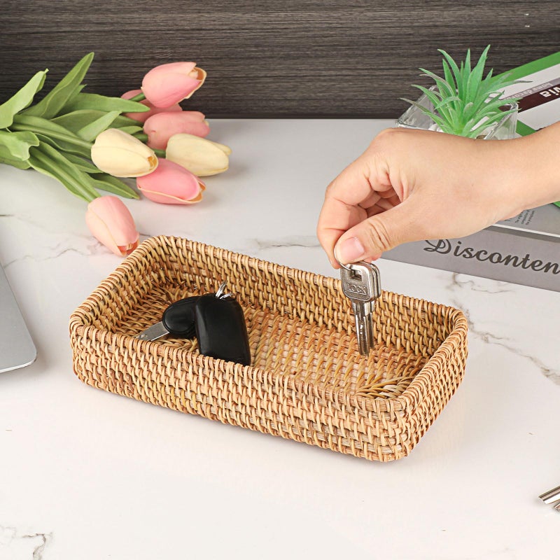Hipiwe Key Basket for Entryway Table Natural Rattan Serving Tray Small Wicker Trays for Decor Fruit Bowl Decorative Baskets for Kitchen,Coffee Table - Image 2