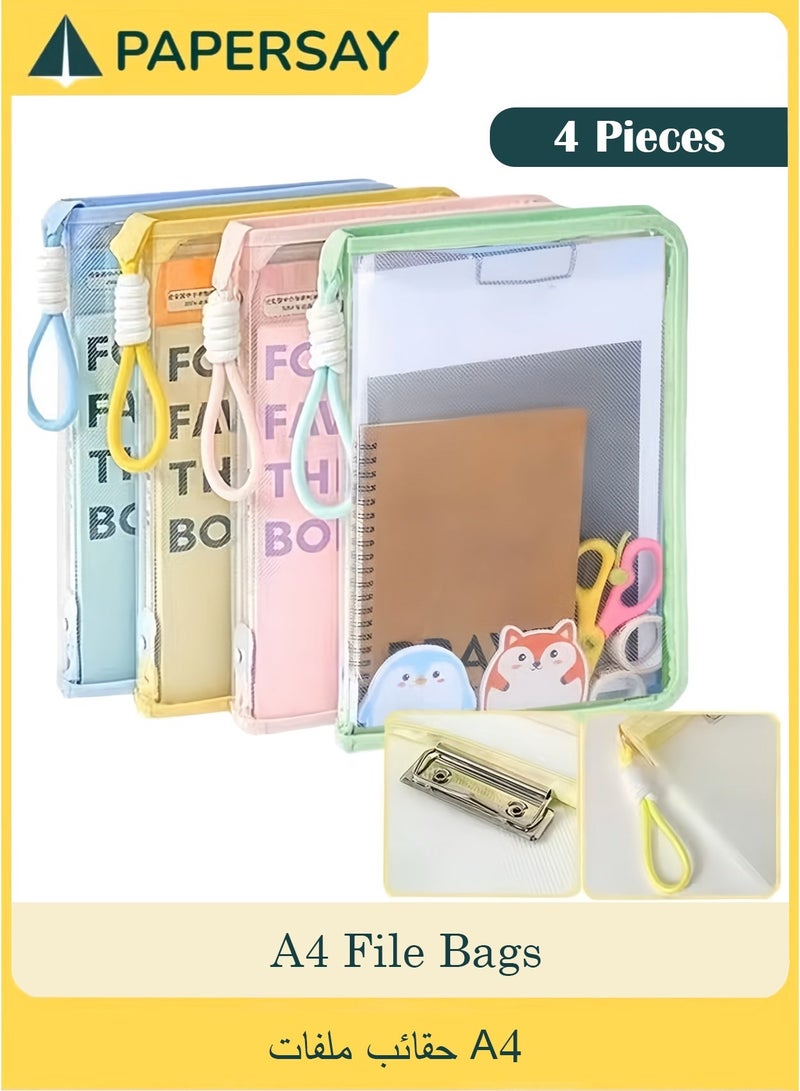PAPERSAY 4 Pack A4 Clear Zipper File Bags with Handles & Metal Clips - Waterproof Document Organizer Folders for School, Office, and Home Storage - Image 1
