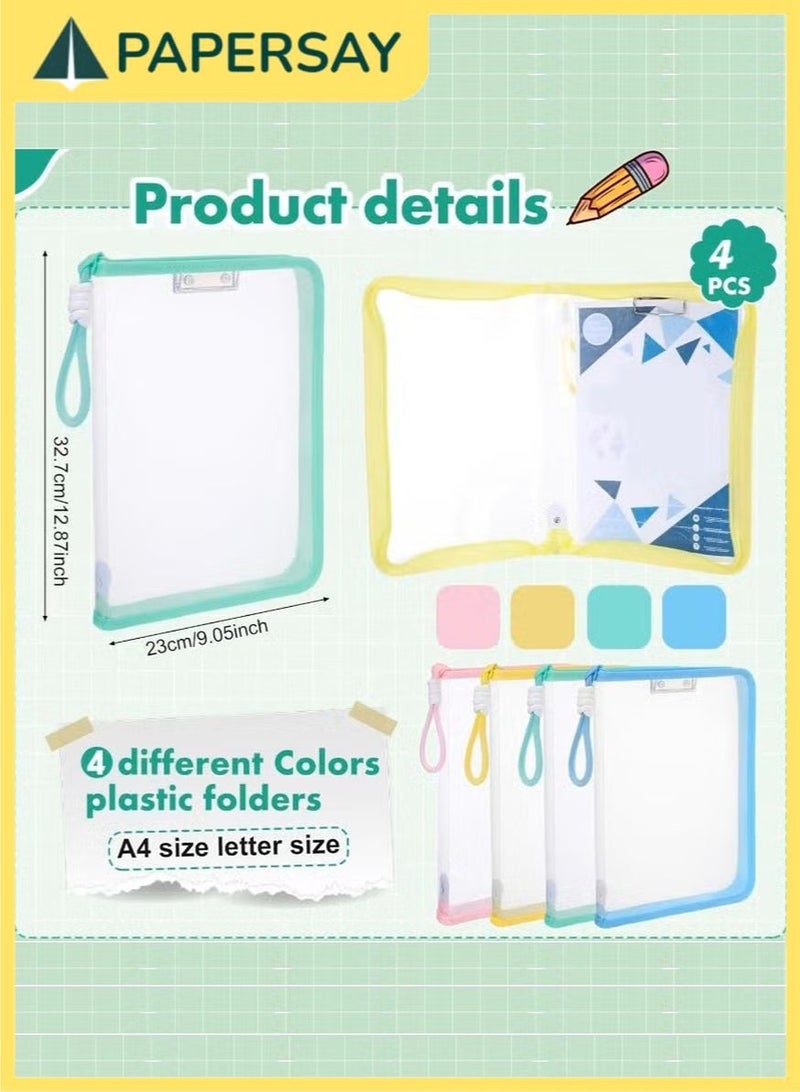 PAPERSAY 4 Pack A4 Clear Zipper File Bags with Handles & Metal Clips - Waterproof Document Organizer Folders for School, Office, and Home Storage - Image 2