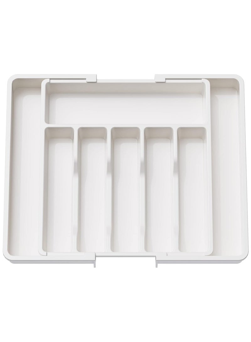 Arabest Silverware Organizer, Expandable Utensil Tray for Drawer, Adjustable Flatware and Cutlery Holder, Compact Plastic Drawerstore Holding Spoons Forks Knives, Large, White - Image 1