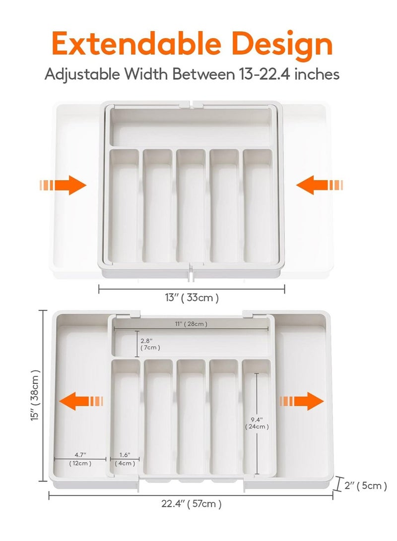 Arabest Silverware Organizer, Expandable Utensil Tray for Drawer, Adjustable Flatware and Cutlery Holder, Compact Plastic Drawerstore Holding Spoons Forks Knives, Large, White - Image 3