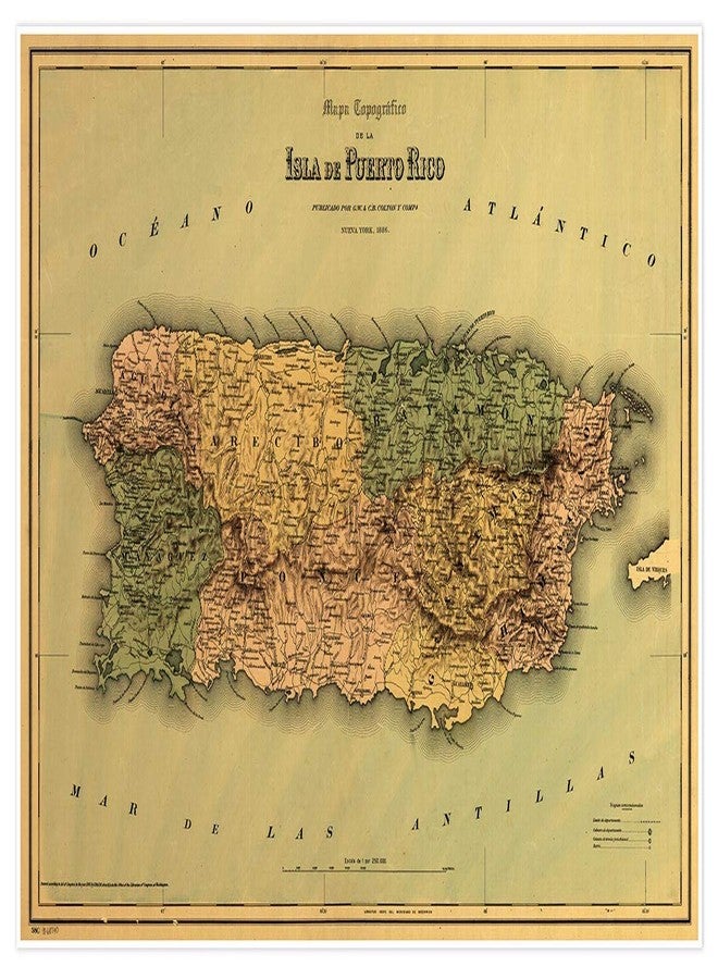خرائط Antiguos Topografico de la Isla de Puerto Rico حوالي عام 1886 | ديكور حائط عتيق | ملصق طباعة فنية | مقاس 24 × 36 بوصة (610 × 915 ملم) - Image 1