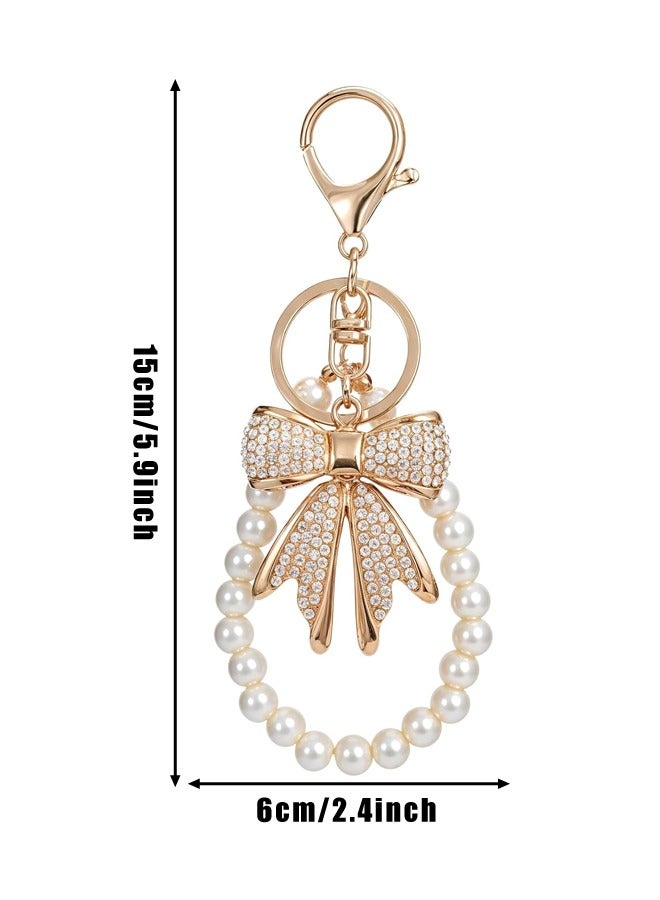 سلسلة مفاتيح على شكل فيونكة من حجر الراين الأبيض مع سلسلة مفاتيح على شكل فيونكة من اللؤلؤ الصناعي مع قلادة محفظة لامعة على شكل فيونكة للنساء - Image 2