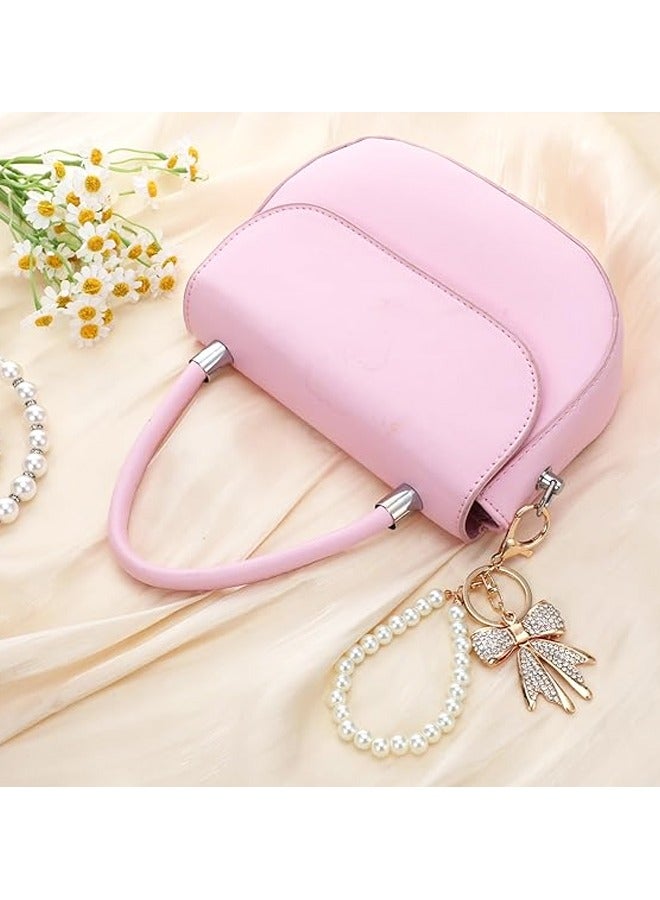 سلسلة مفاتيح على شكل فيونكة من حجر الراين الأبيض مع سلسلة مفاتيح على شكل فيونكة من اللؤلؤ الصناعي مع قلادة محفظة لامعة على شكل فيونكة للنساء - Image 3