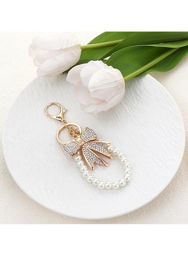 سلسلة مفاتيح على شكل فيونكة من حجر الراين الأبيض مع سلسلة مفاتيح على شكل فيونكة من اللؤلؤ الصناعي مع قلادة محفظة لامعة على شكل فيونكة للنساء - Image 5