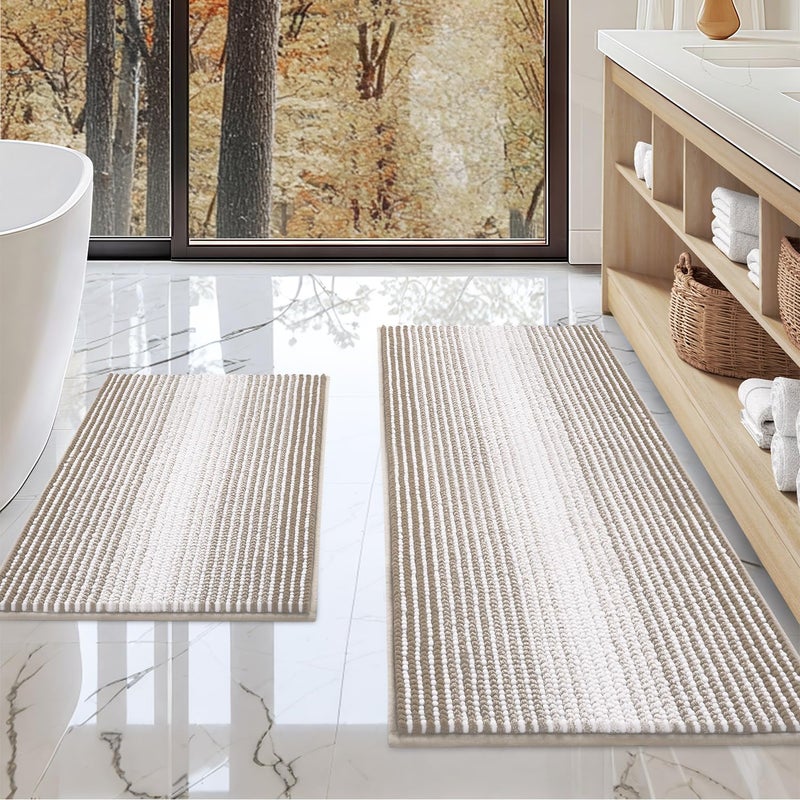 BSICPRO Bathroom Rugs and Mats Sets, 2 Piece Thick Absorbent Chenille Non Slip, Soft Shaggy Floor Mats, Machine Washable (Light Taupe, 20" x 47" Plus 16" x 24") - Image 1