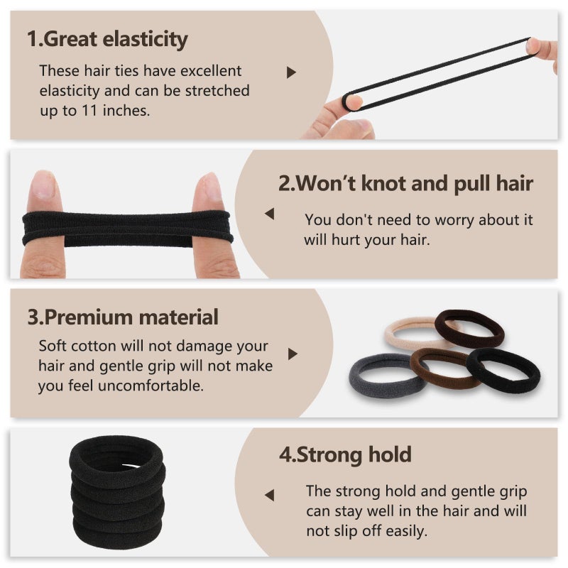 FVOLREM Hair Ties, 100 PCS No Damage Hair Elastics Hair Accessories for Women Girls, Thick Seamless Hair Ties, Neutral Color, 5 Colors Included: Black, Brown, Gray, Carnation, Light Brown - Image 3